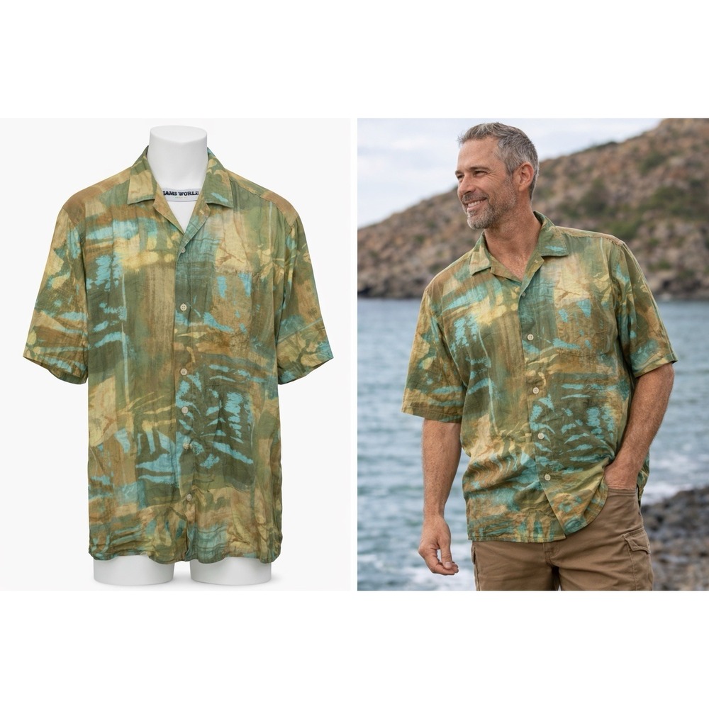 Jams World Button Up Shirt Mens XL Floral Splash Tan Coco Vintage Hawaiian Camp - Picture 2 of 12